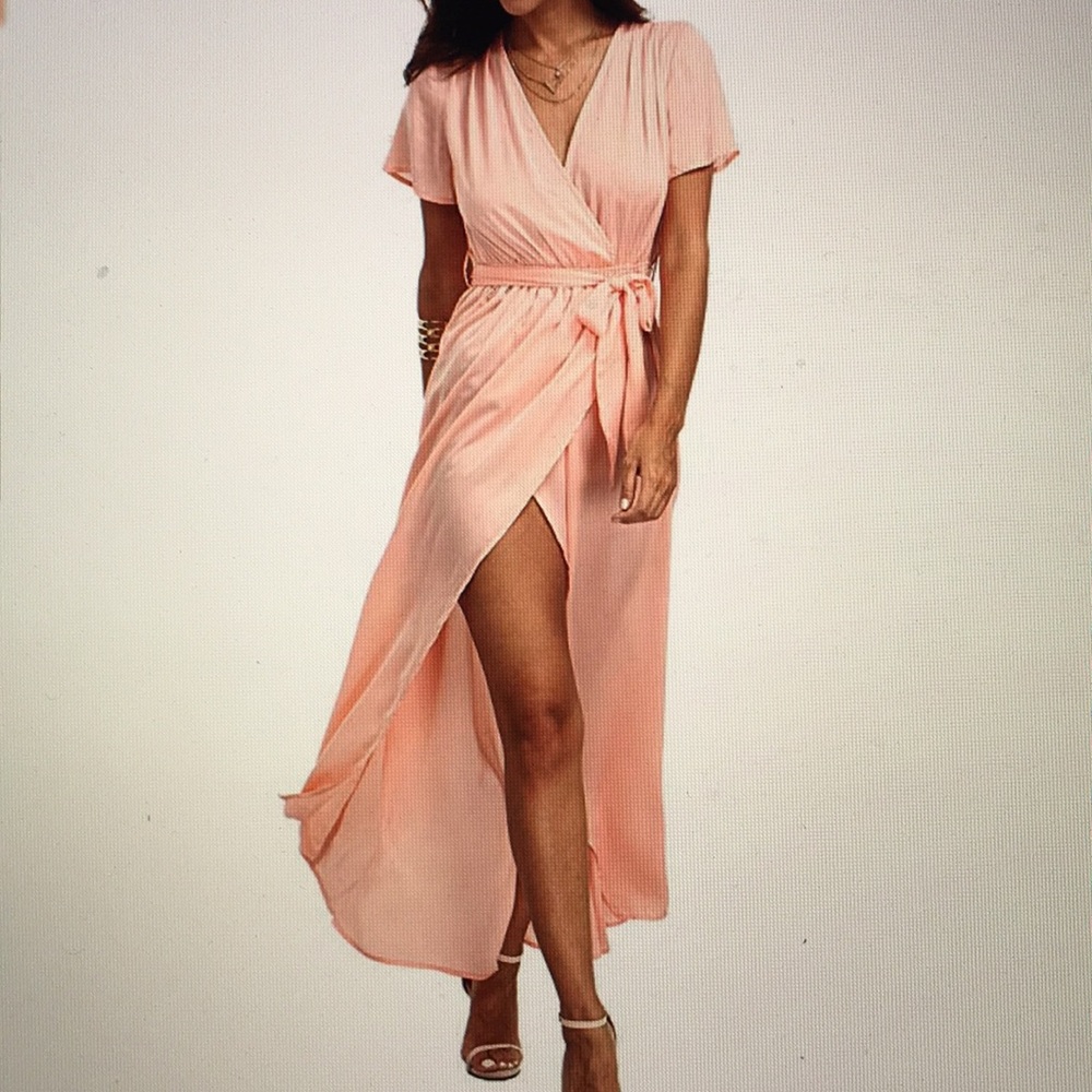 Coral Pink Front wrap hi-low summer satin dress